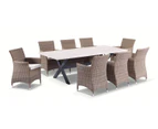 Outdoor Sicillian 8 Seater Rectangle Stone Dining Table & Chairs In Half Round Wicker - Outdoor Stone Dining Settings - Brushed Wheat, Cream cushions