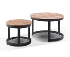 Outdoor Balmoral Round Industrial Aluminium Teak Top Coffee Table Set - Outdoor Aluminium Tables - Charcoal Aluminium, Teak Top