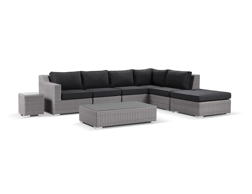 Milano Package C Outdoor Wicker Corner Modular Chaise Lounge With Coffee Table - Outdoor Wicker Lounges - Brushed Grey and Denim cushion