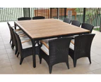 Kai 10 Seat - 11Pcs Raw Natural Teak And Wicker Outdoor Dining Setting - Charcoal with Vanilla cushions - Outdoor Wicker Dining Settings