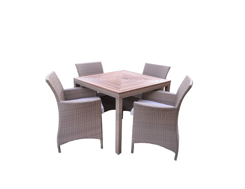 Sahara 4 Seater Square Teak And Wicker Dining Table And Chairs Setting - Outdoor Wicker Dining Settings - Wheat with Cream cushions