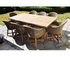 Tahitian Solid Teak 2.1M Outdoor Table - With Coastal Rattan Chairs - Outdoor Teak Dining Settings - Brushed Wheat, Cream cushions