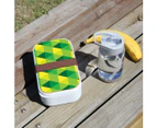 Lunch Box Food Container Authentic Wood Strap Cutlery Green Yellow Pattern