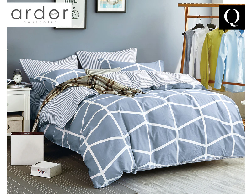 Ardor Boston Queen Bed Quilt Cover Set - Slate/White