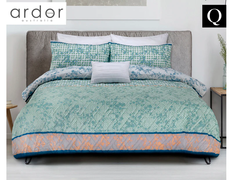 Ardor Boudoir Tangier Printed Embossed Queen Bed Quilt Cover Set - Green/Orange/Blue
