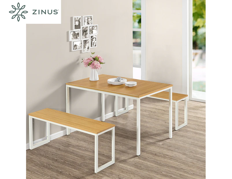 Zinus Louis Modern Studio Soho White Dining Table with Two Benches - 3 Pieces Dining Table Set