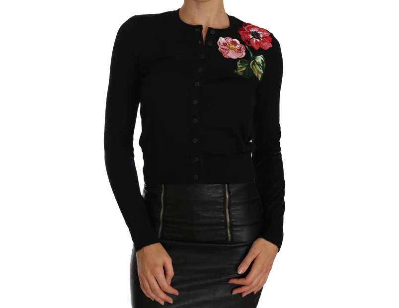Dolce & Gabbana Black  Cardigan Floral Embroidered Sweater Women Clothing Sweaters