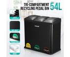 54L Triple Compartment Pedal Bin Kitchen Recycling Waste Bins Coated Steel Black