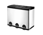 60L Pedal Garbage Rubbish Bin 3 Compartment Stainless Steel Kitchen Waste Trash Can with Flip Top Lids