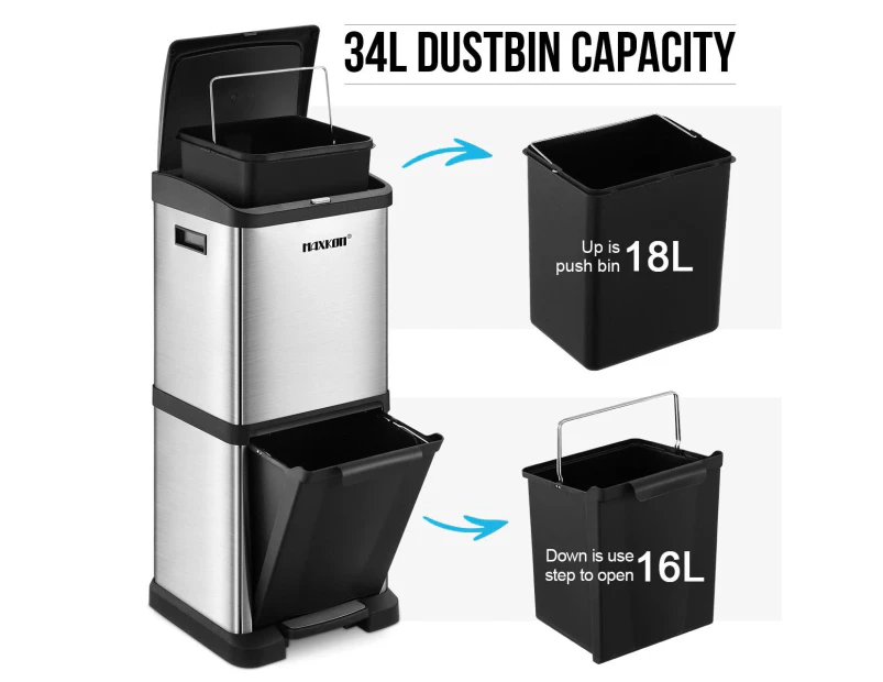 34L Two Layer Press Top Dustbin Kitchen Waste Pedal Bin Garbage Trash Can
