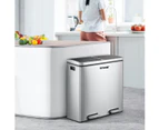 60L Dual Compartment Dustbin Stainless Steel Kitchen Garbage Rubbish Bin with Pedals