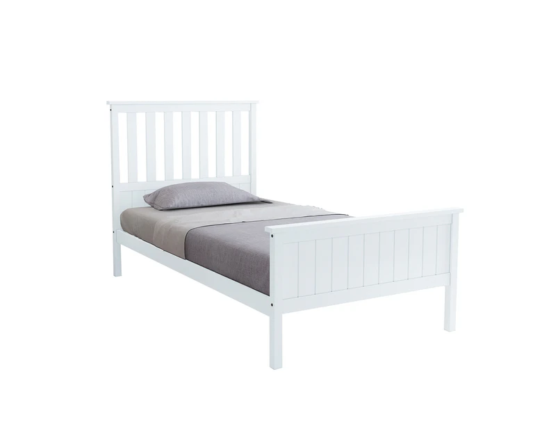 King Single Size Wooden Bed Frame Pine Platform Mattress Base with Headboard   White