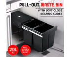 2x 20L Pull Out Trash Bin Kitchen Garbage Waste Basket Under Sink Rubbish w/ Soft-Close Slides