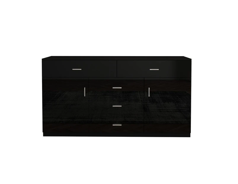 Buffet Table Sideboard Cabinet High Gloss Storage Cupboard with 2 Doors & 5 Drawers   Black