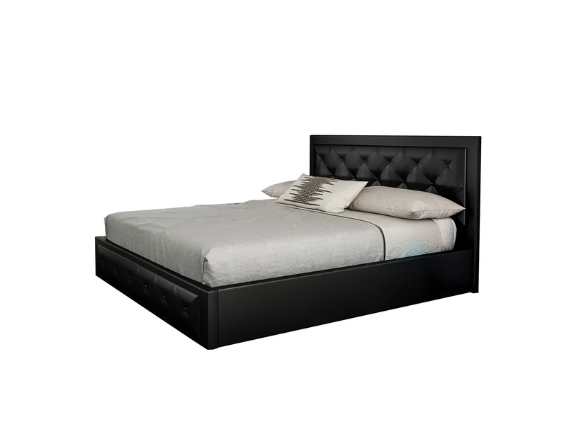 Modern Queen Size Wood Bed Frame PU Leather Gas Lift Storage Bed Base - Black