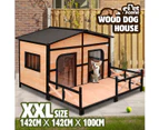 Petscene XXL Wooden Dog Kennel 2-Door Timber Pet House w/ Patio Openable Gable Roof