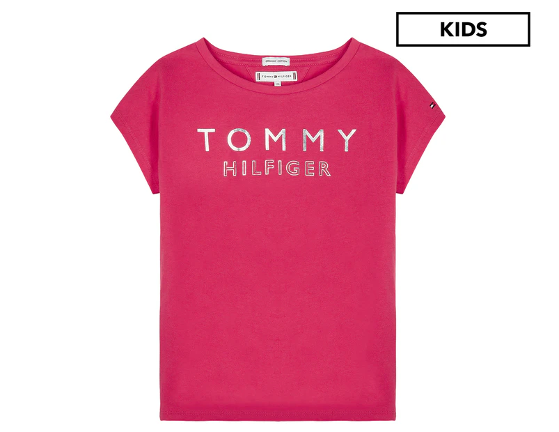 Tommy Hilfiger Girls' Foil Print Short Sleeve Tee / T-Shirt / Tshirt - Virtual Pink