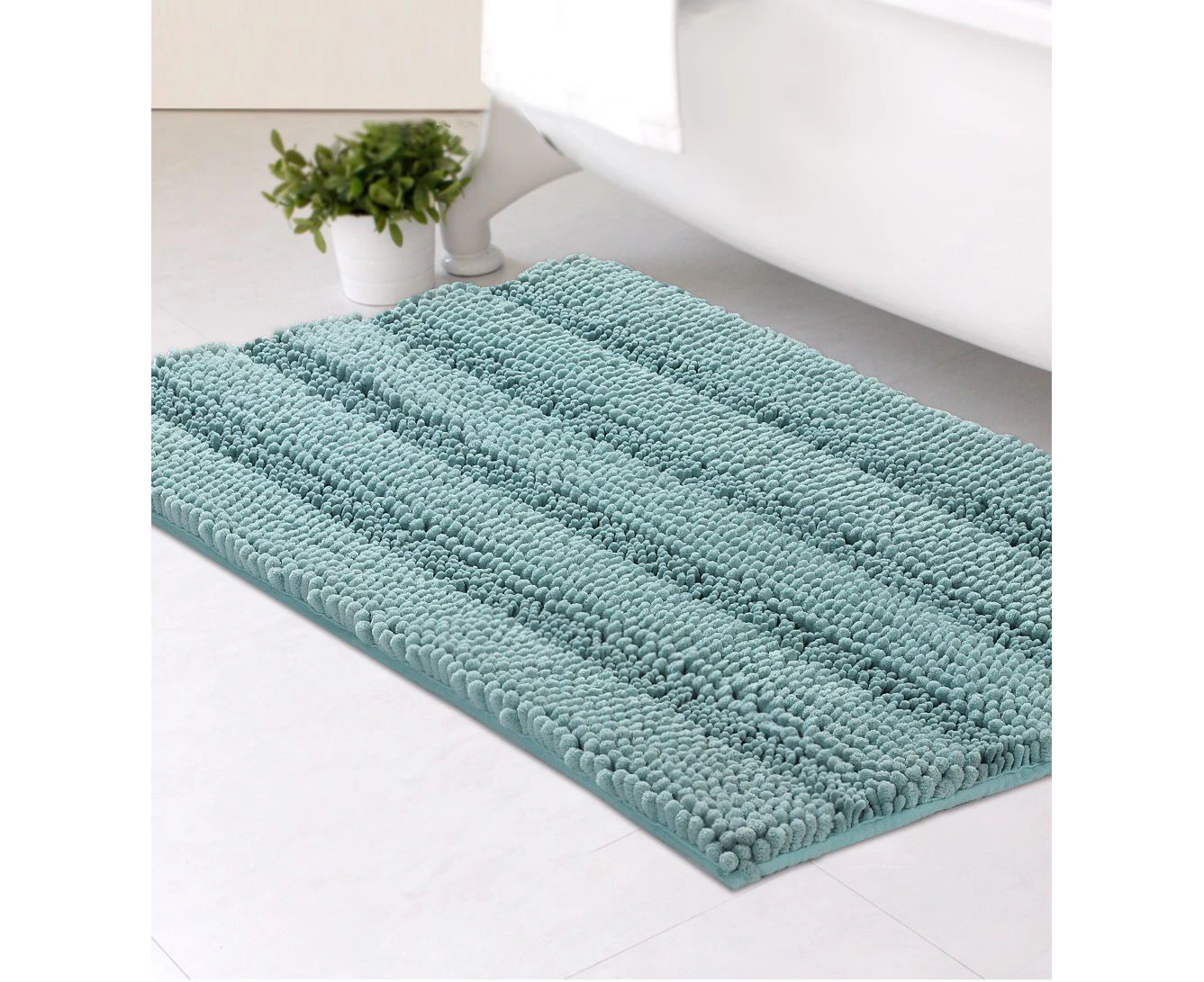 Non Slip Thick Shaggy Chenille Bathroom Rug Bath Mat for Bathroom Extra Soft and Absorbent Striped Bath Rug for Indoor/Kitchen, Eggshell Blue - Eggshell Blue