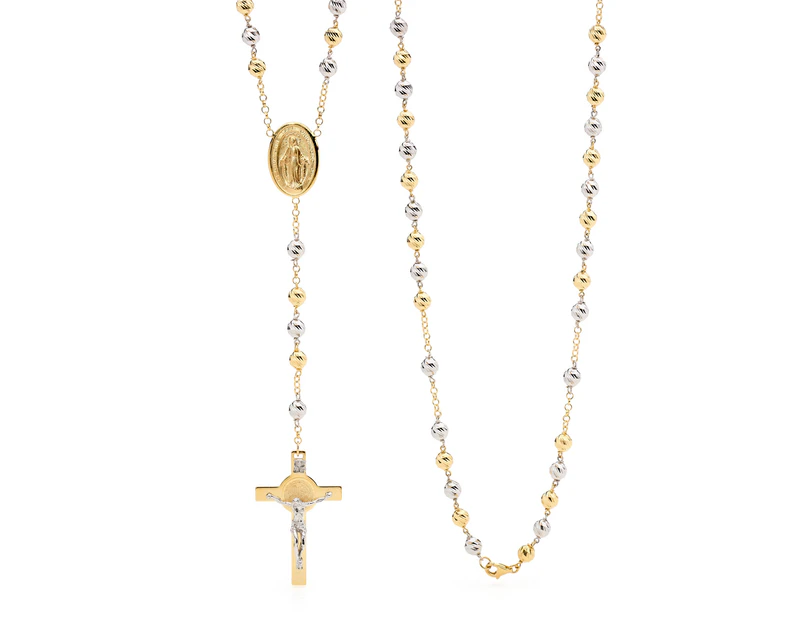 18KT White/Yellow Gold Diamond Cut Rosary Bead Necklace | Holy Grace
