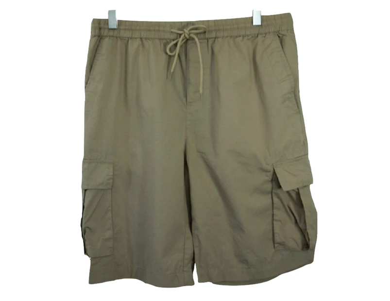 Mens Cargo Shorts Elastic Waist 100% Cotton Army  Drawstrings - Tan