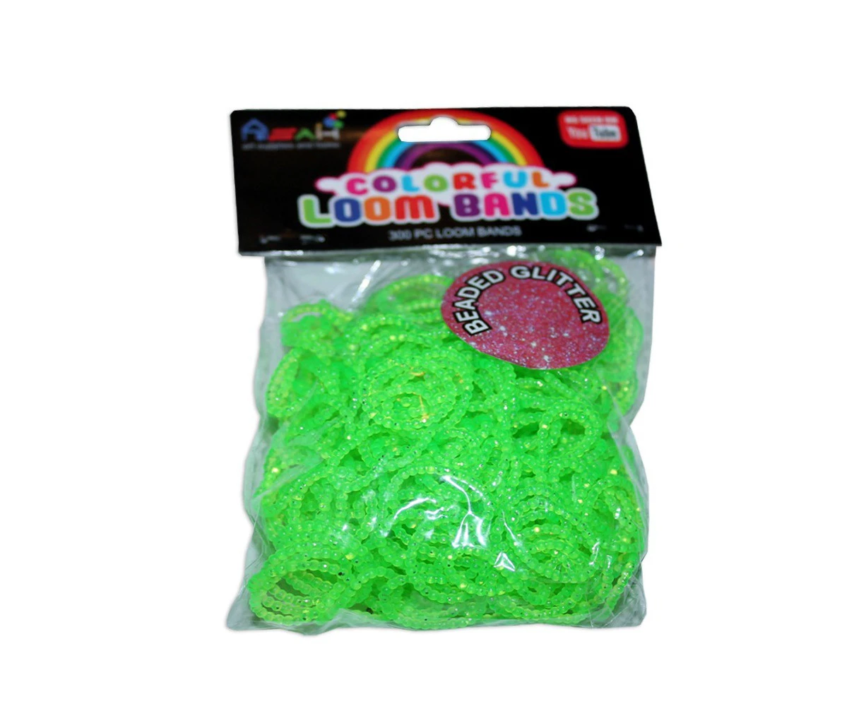 Green Colour Beaded Glitter Loom Bands 300pce + 16 S Clips