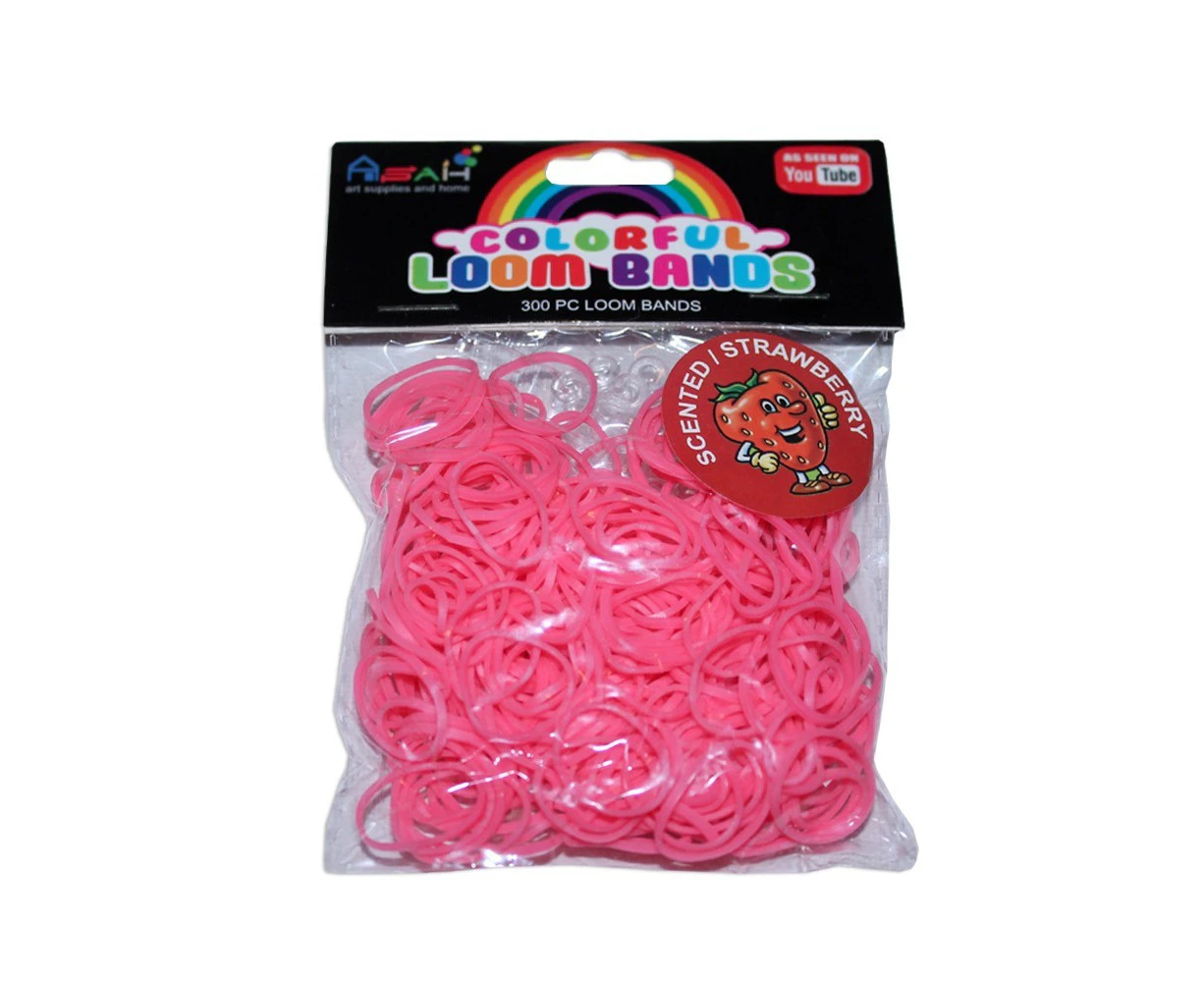 ASAH Colour Matching Pink Strawberry Scented Loom Bands 300pce with 16 S Clips - Strawberry