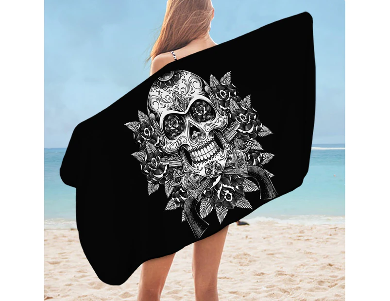 Black and White Skull Guns and Roses Microfiber Beach Towel