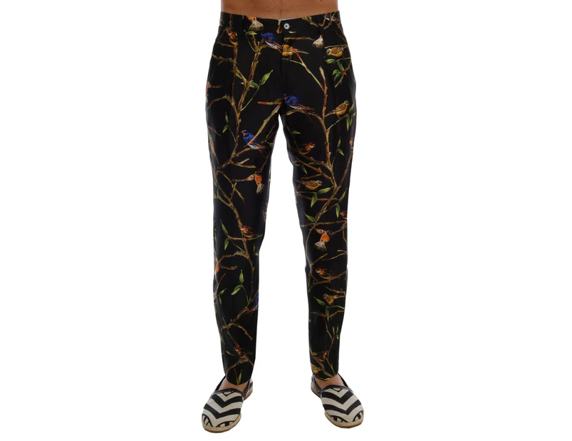 Dolce & Gabbana Black Bird Tree Print Silk Pants Men Clothing Jeans & Pants