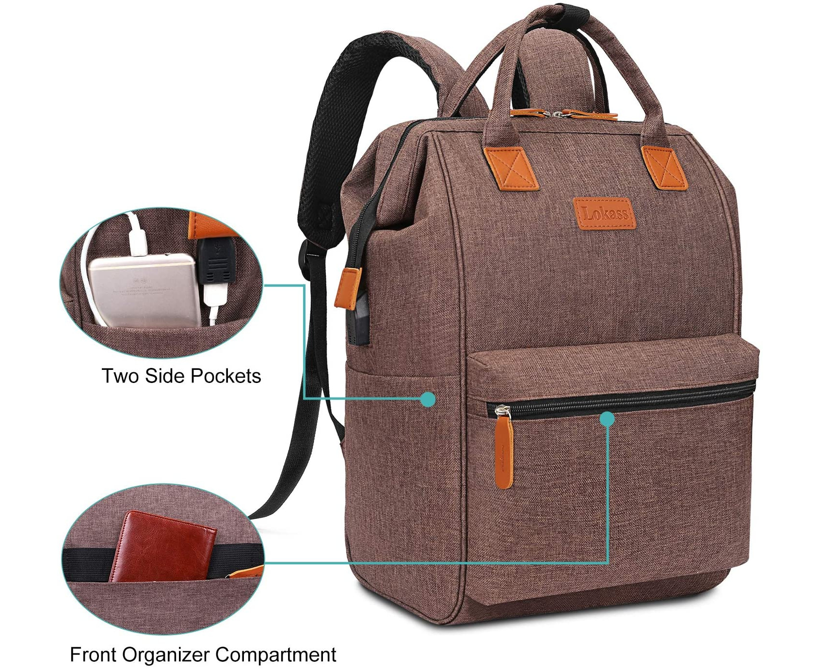 LOKASS Laptop Backpack 15.6 Inch Wide Open Computer Backpack-Brown ...