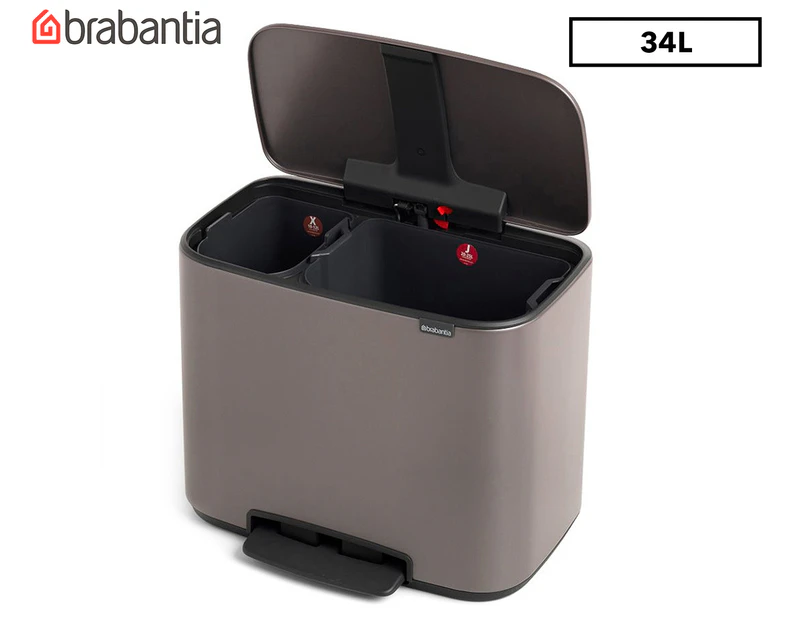 Brabantia 11/23L BO Pedal Dual Bucket Rubbish Bin - Platinum (Recycling w/ Inner Buckets 11L & 23L)