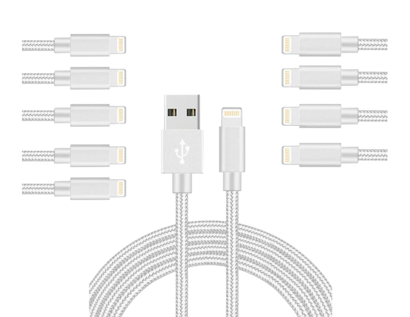 WIWU 10Packs iPhone Cable Phone Charger Nylon Braided Cable USB Cord Silver - 10Packs 1M