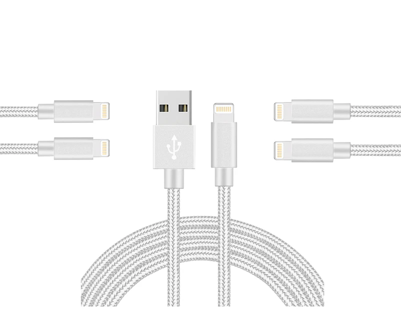 WIWU 5Packs iPhone Cable Phone Charger Nylon Braided Cable USB Cord Silver - 1M+2M+2M+3M+3M