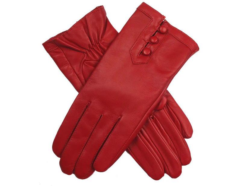 Dents Women's Leather Gloves With Button Detail - Berry