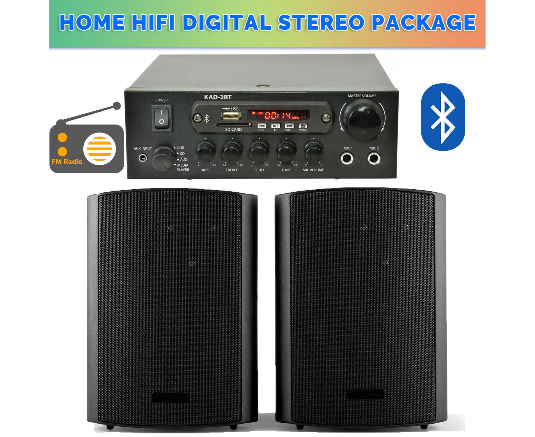 E-lektron 6.5" inch HiFi 120W Stereo Class D Amplifier Wall Bookshelf Speaker with Bluetooth SD FM USB Mics Input AUX