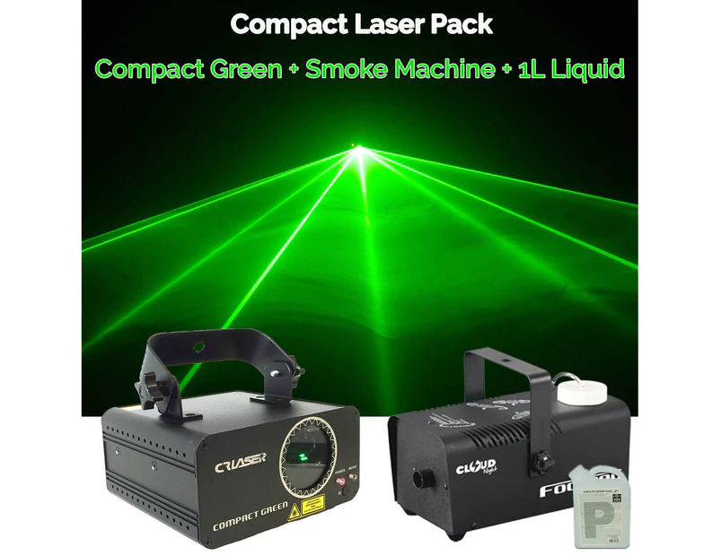 CR Laser Compact Green 100mW Laser Disco Light Party Set come with 400W Smoke Machine and 1L Liquid