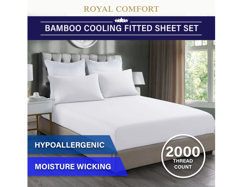 Royal Comfort 2000TC Double Bed 3 Piece Fitted Sheet and Pillowcase Set Bamboo Cooling - White