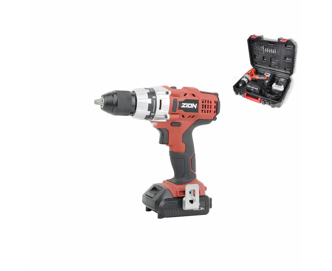 ZION 18V Cordless Drill BMC Pack Includes 2x2AH Li-ion Batteries Charger Bits Accessories