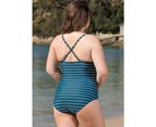 LaSculpte Women's Olive Nautical Stripe Ruched One Piece Swimsuit with Convertible Straps - Teal/white Nautical Stripe Print
