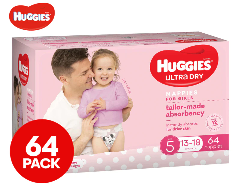 Huggies Ultra Dry Nappies: Jumbo Size 5 Walker Girl (13-18kg) - 64 Pack