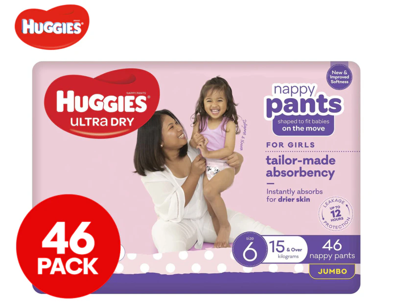 Huggies Ultra Dry Size 6 Junior 15+kg Nappy Pants For Girls Jumbo 46pk