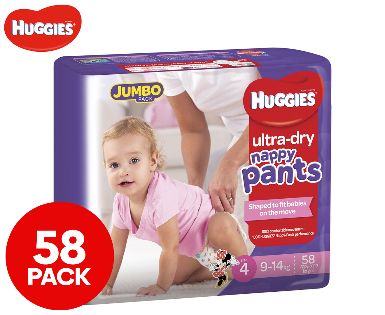 Huggies Ultra-Dry Size 4 Toddler 9-14kg Nappy Pants For Girls Jumbo 58pk