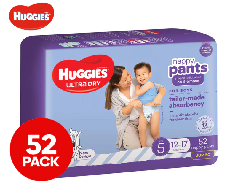 Huggies Ultra Dry Size 5 Walker 12-17kg Nappy Pants For Boys Jumbo 52pk