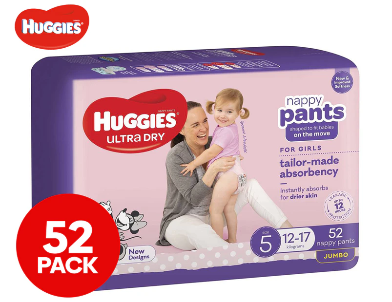 Huggies Ultra Dry Size 5 Walker 12-17kg Nappy Pants For Girls Jumbo 52pk