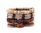 Simple Retro Cowhide Charm Bracelet Set, Hemp Rope Weaving Beading Leather Bracelet Four - Brown