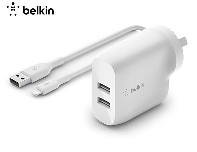 Belkin Dual USB-A 24W Wall Charger w/Lightning MFI-Certified Cable for iPhone/WH