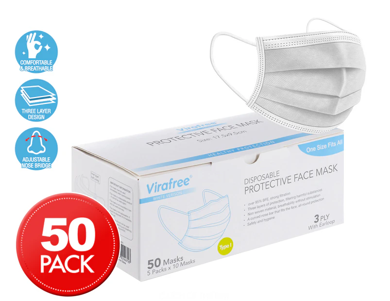 Virafree 3 Ply Disposable Protective Face Masks 50-Pack - White