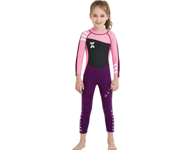 Mr Dive Kids One-piece Long Sleeves Diving Suit 2.5MM Neoprene Warm Wetsuit Girls UV Protection-Pink