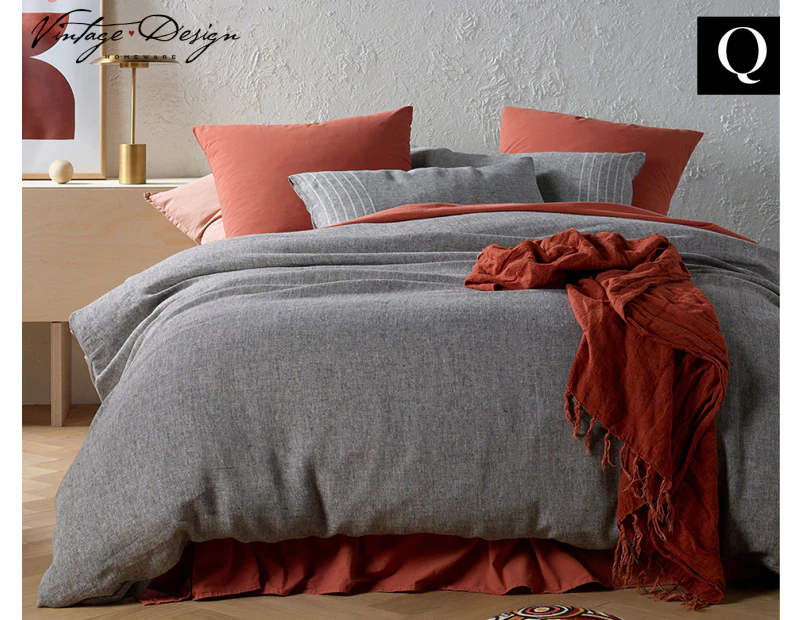 Vintage Design Sentosa Twilight Linen Queen Bed Quilt Cover Set - Black/Grey