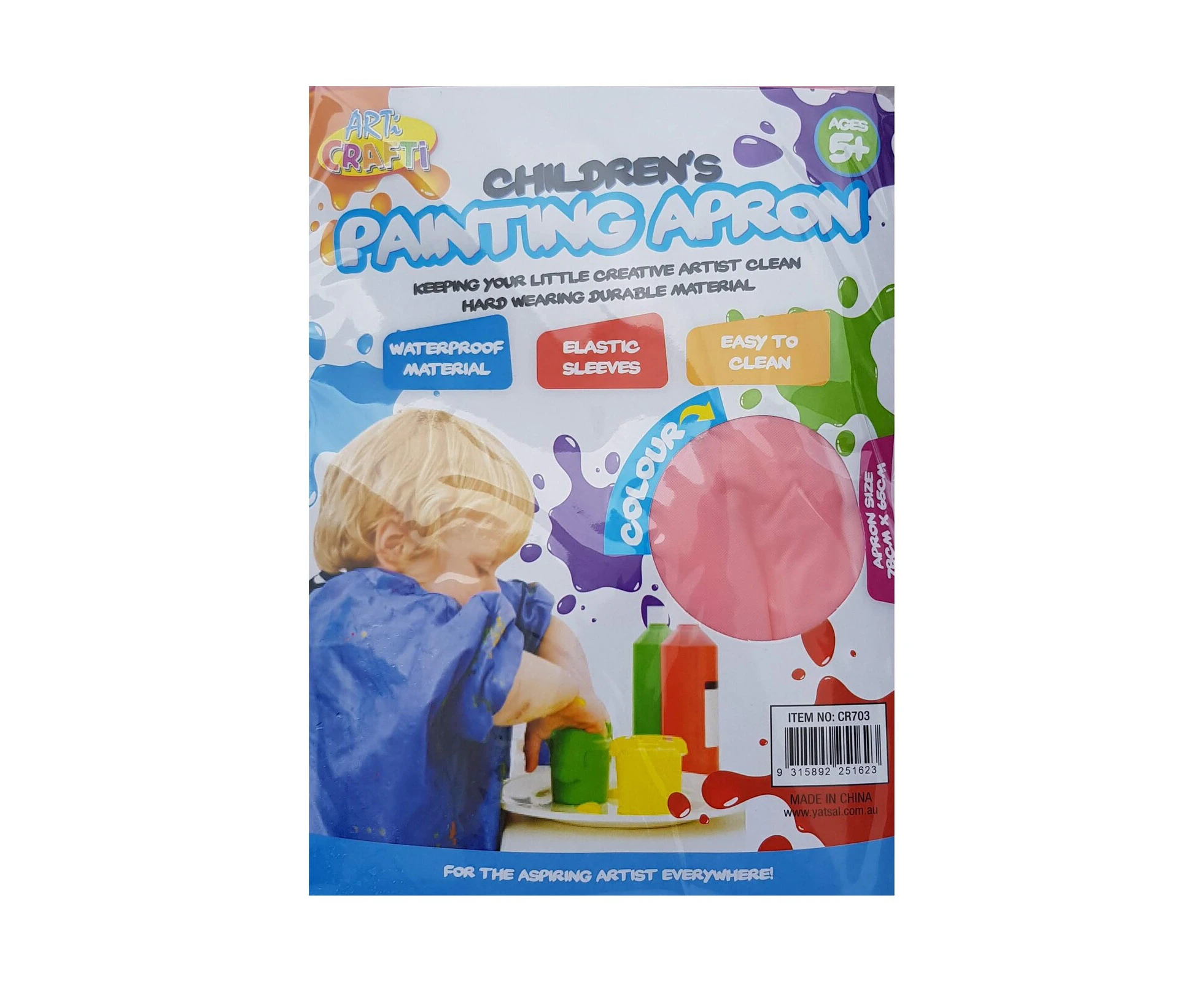 Pink Kids Painting Apron Bright Colour Children Waterproof Clean Elastic