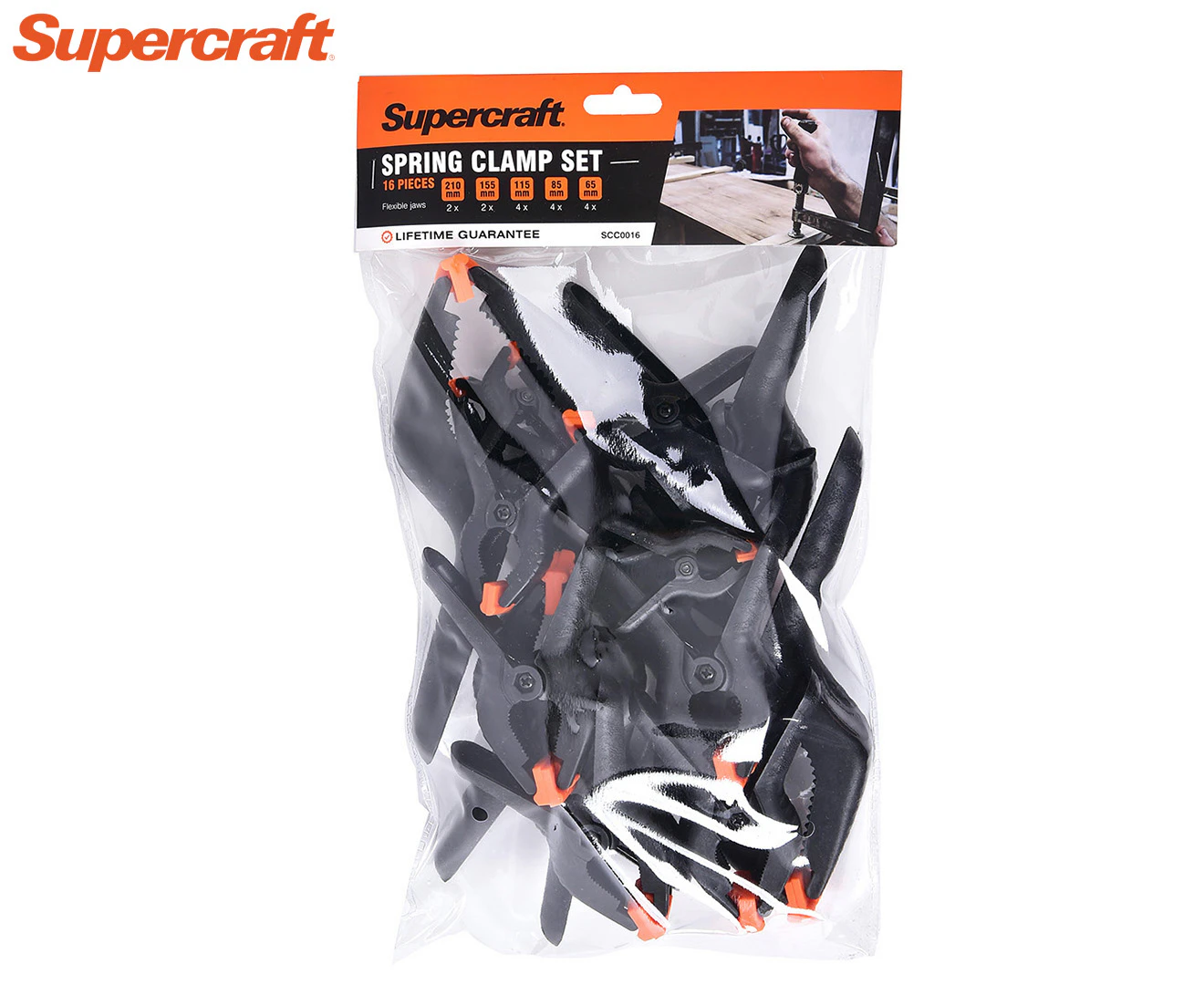 16pc Supercraft Spring Clamp Nylon 65/85/115/155/210mm Workshop Home DIY Tools